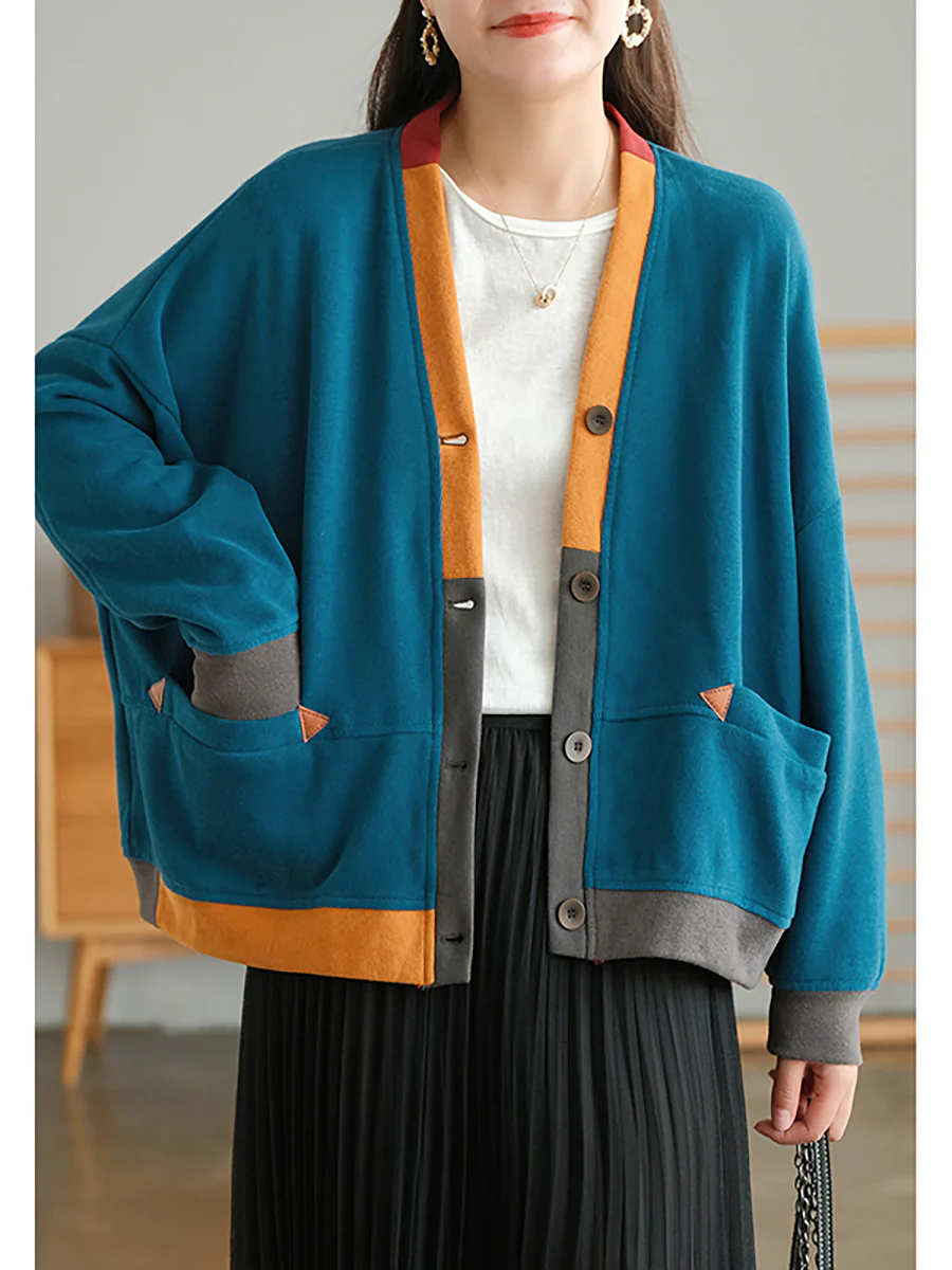 Plus Size Color Contrast Pocket Breasted Long Sleeve Coat - Image 4