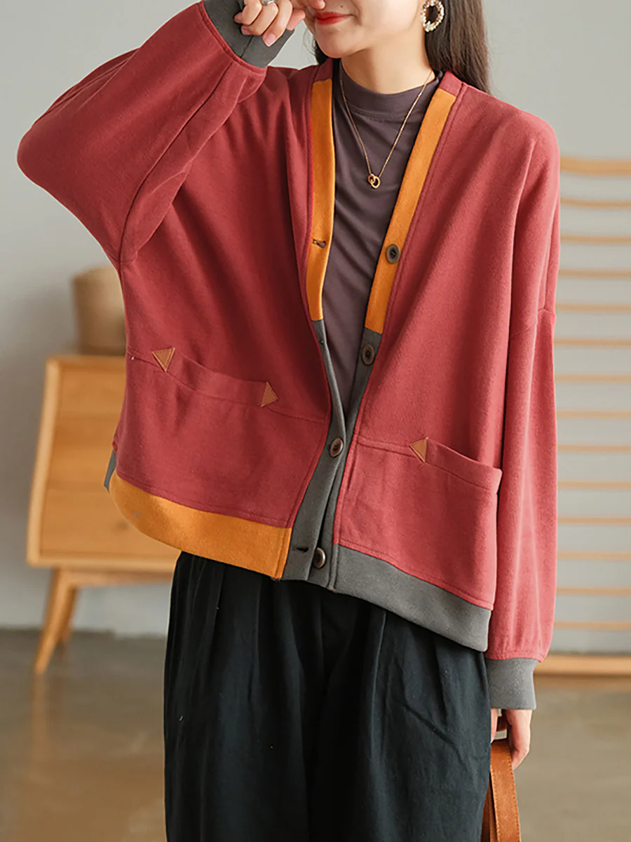 Plus Size Color Contrast Pocket Breasted Long Sleeve Coat - Image 5