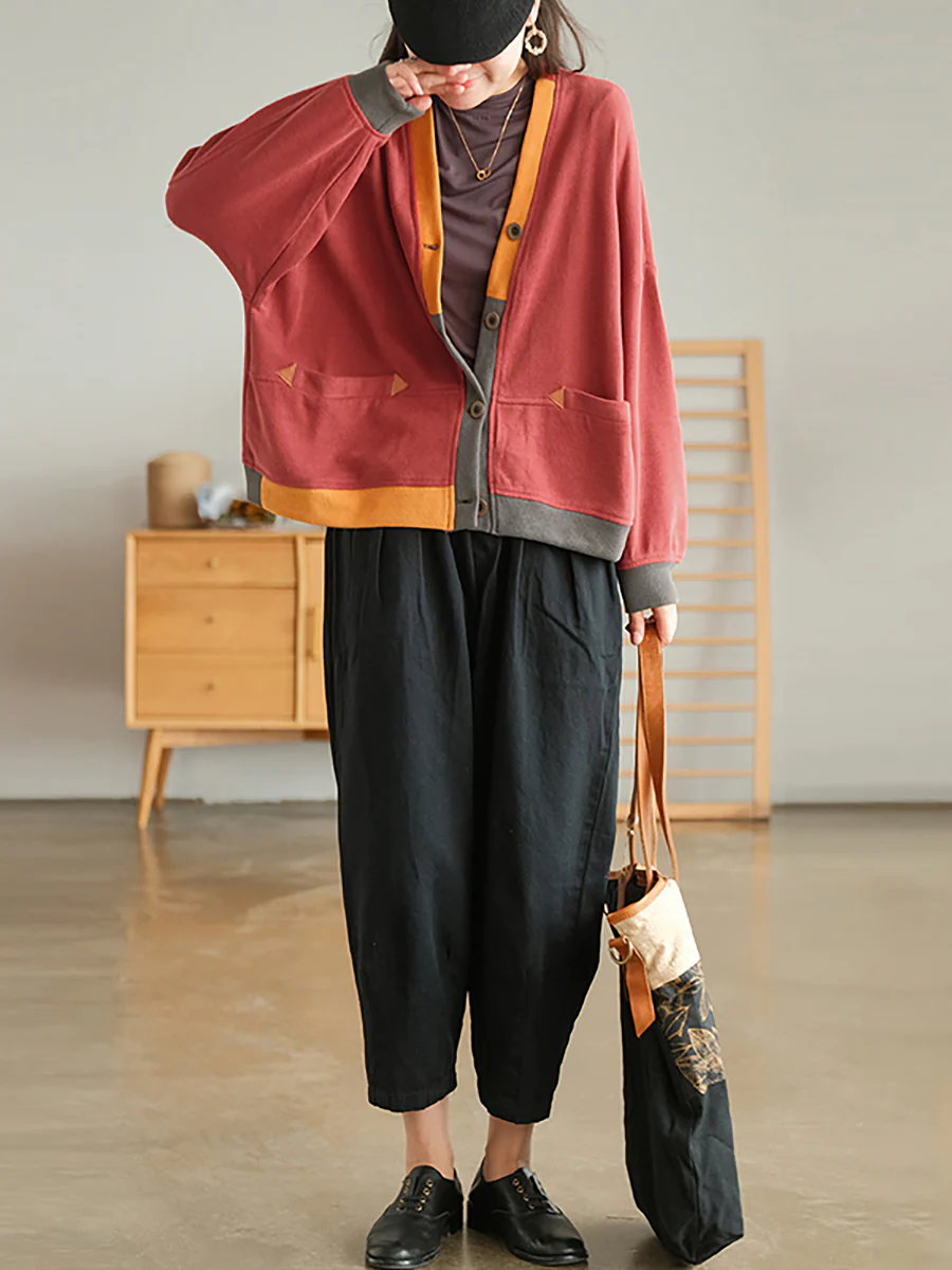 Plus Size Color Contrast Pocket Breasted Long Sleeve Coat - Image 6
