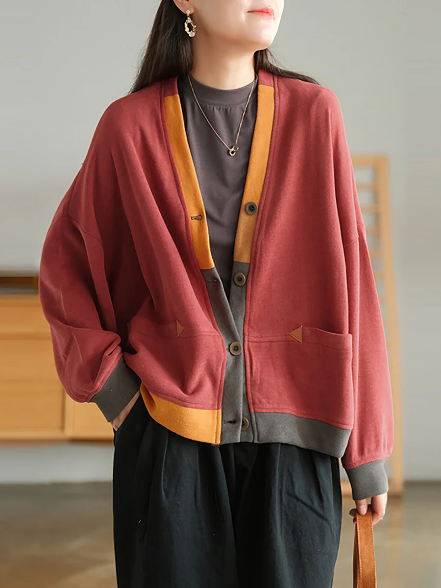 Plus Size Color Contrast Pocket Breasted Long Sleeve Coat - Image 7