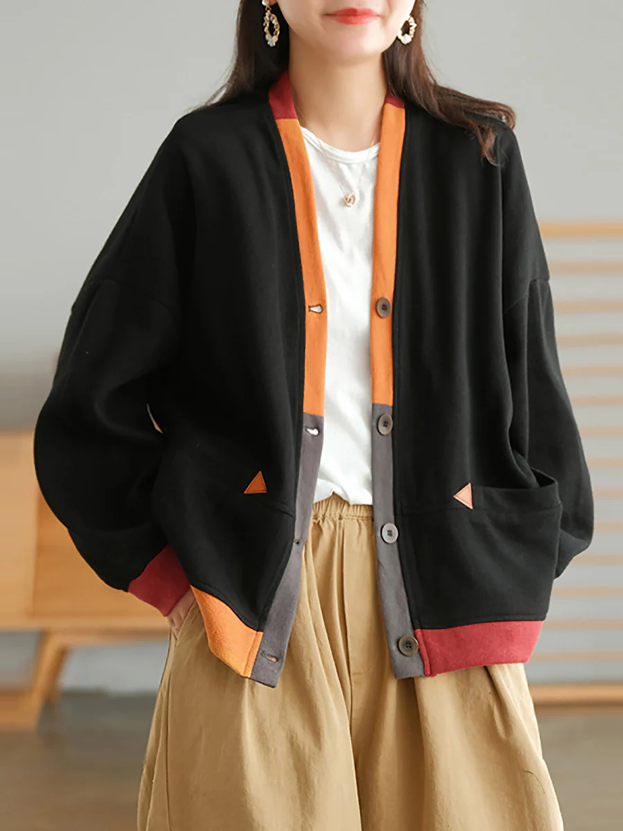 Plus Size Color Contrast Pocket Breasted Long Sleeve Coat - Image 8