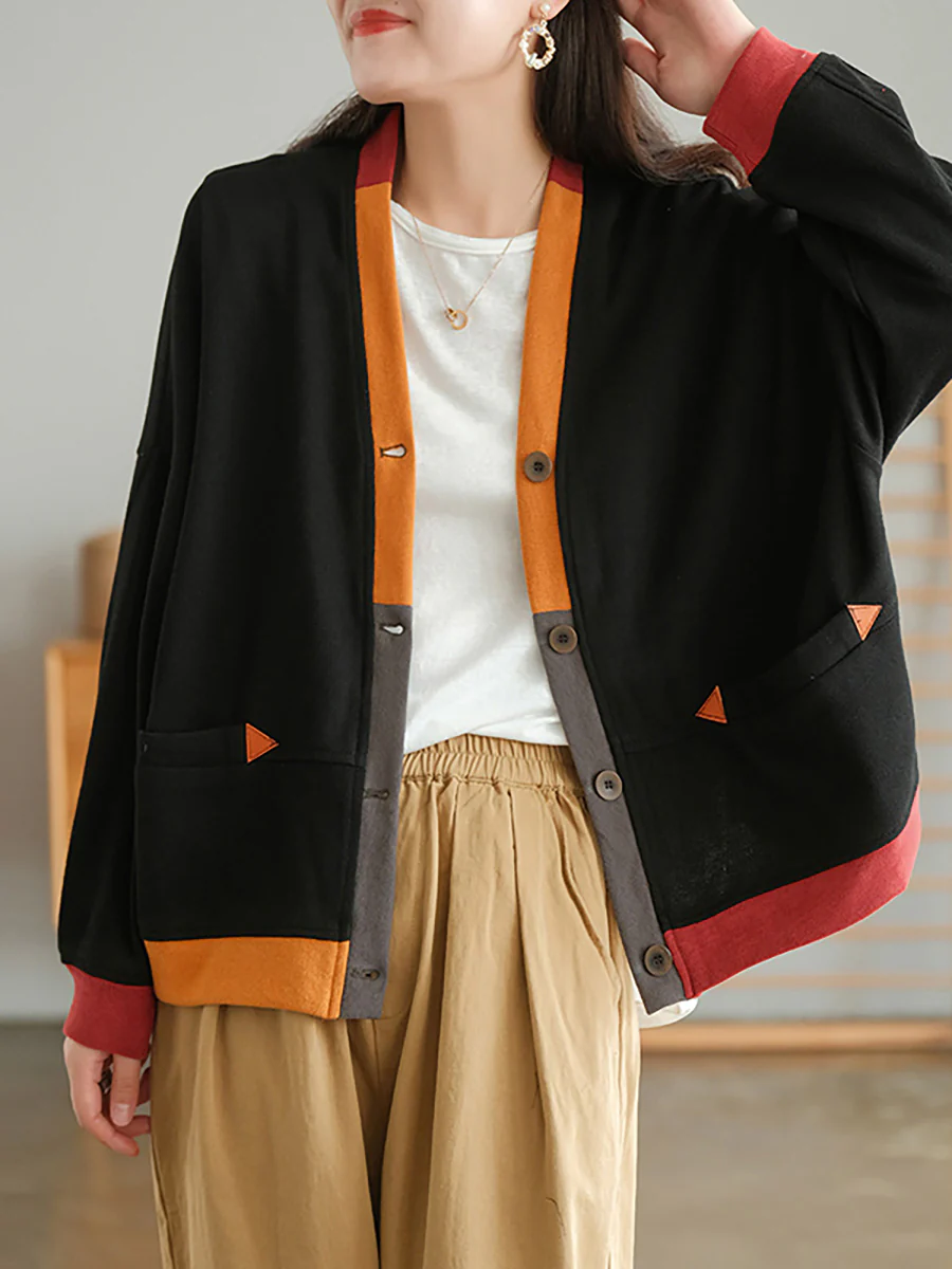 Plus Size Color Contrast Pocket Breasted Long Sleeve Coat - Image 9