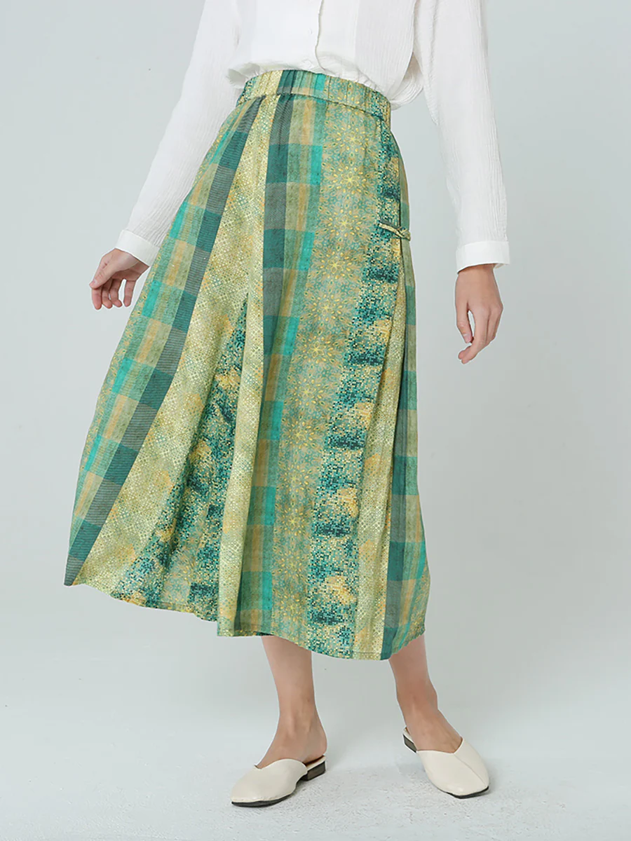 Plus Size Women Elastic Waist Loose Plaid Green Pants M-2XL - Image 3