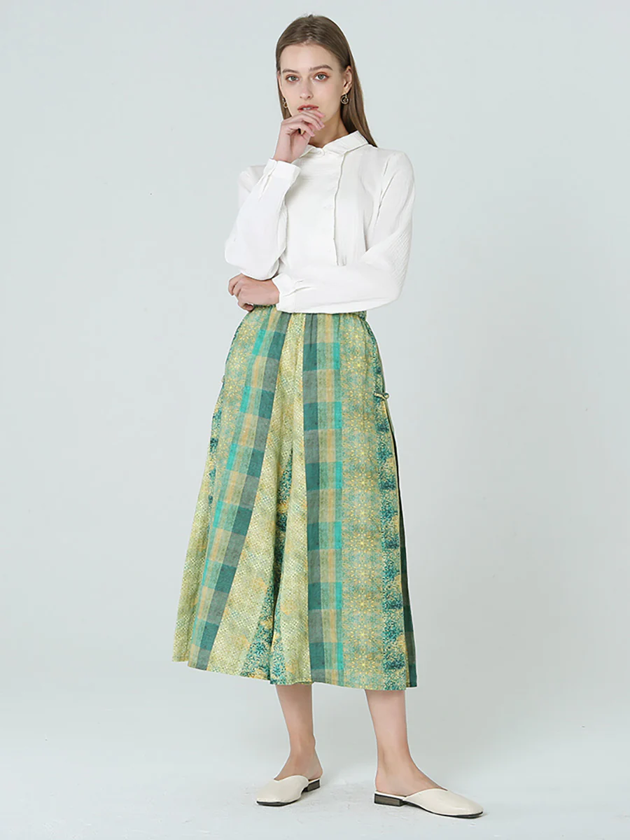 Plus Size Women Elastic Waist Loose Plaid Green Pants M-2XL - Image 8