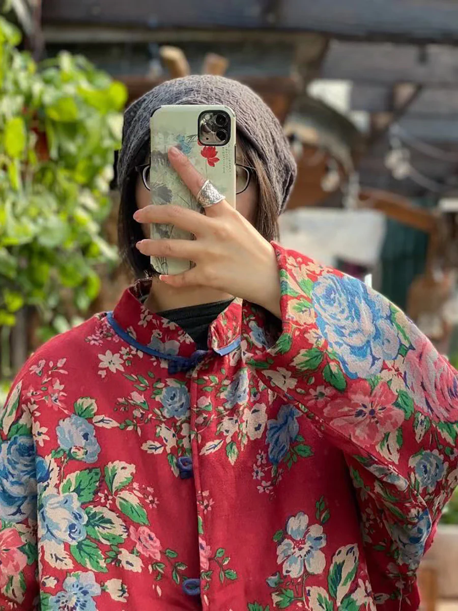 Women Ethnic Flower Stand Collar Pocket Cotton Short Coat - Image 3