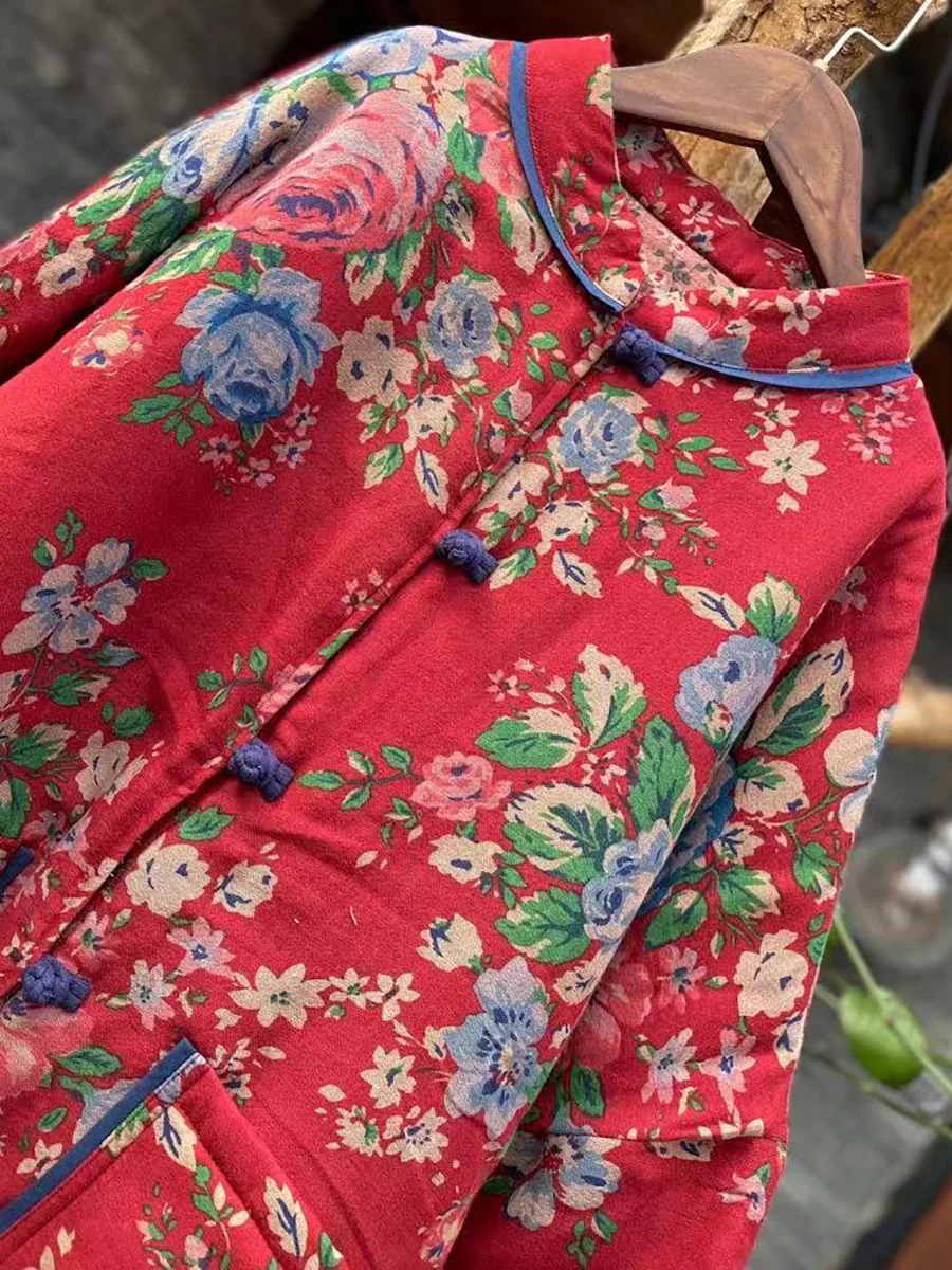 Women Ethnic Flower Stand Collar Pocket Cotton Short Coat - Image 5