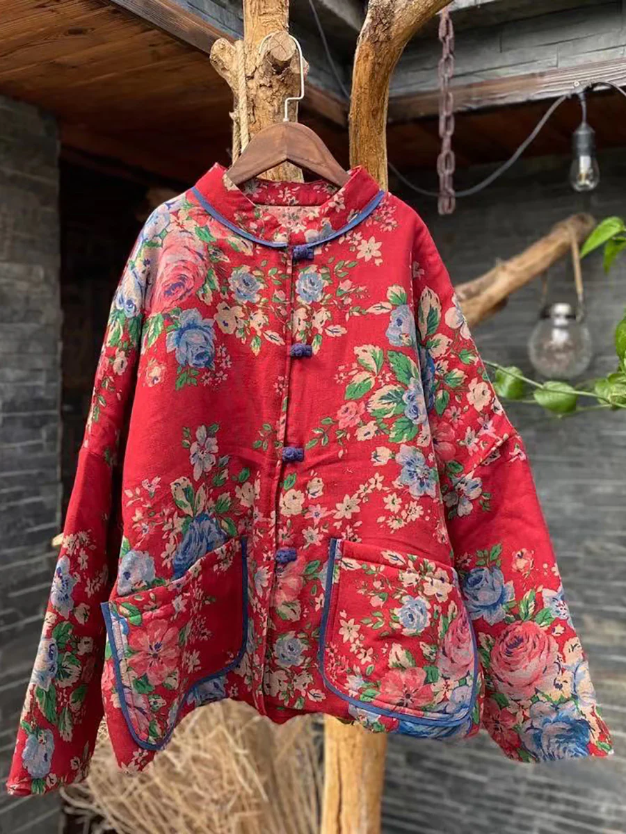 Women Ethnic Flower Stand Collar Pocket Cotton Short Coat - Image 6