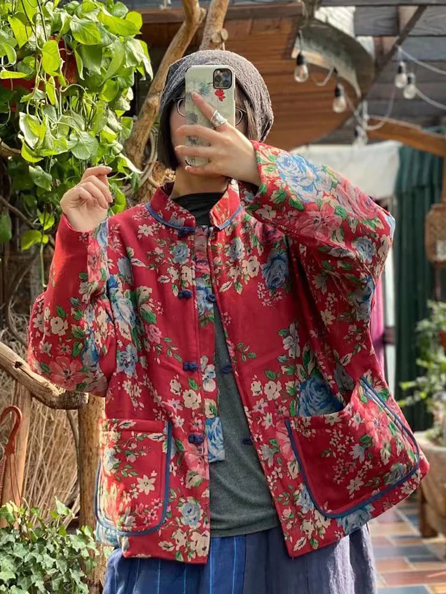 Women Ethnic Flower Stand Collar Pocket Cotton Short Coat - Image 7