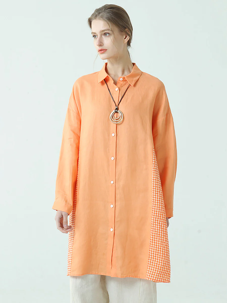 Plus Size WomenLinen Patchwork Plaid Long Sleeve Shirt - Image 3