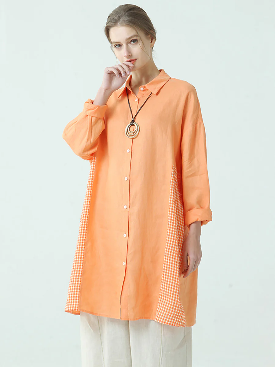 Plus Size WomenLinen Patchwork Plaid Long Sleeve Shirt - Image 4