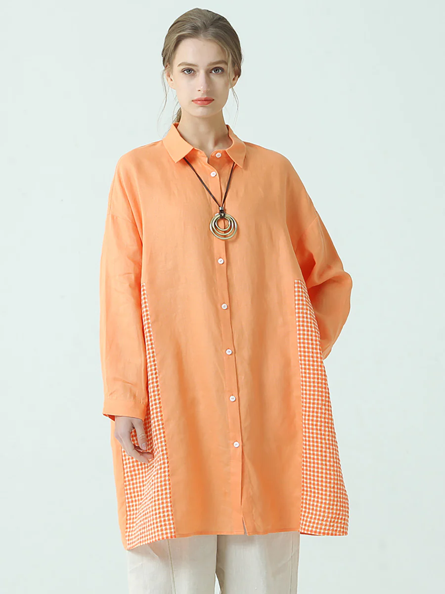 Plus Size WomenLinen Patchwork Plaid Long Sleeve Shirt - Image 5
