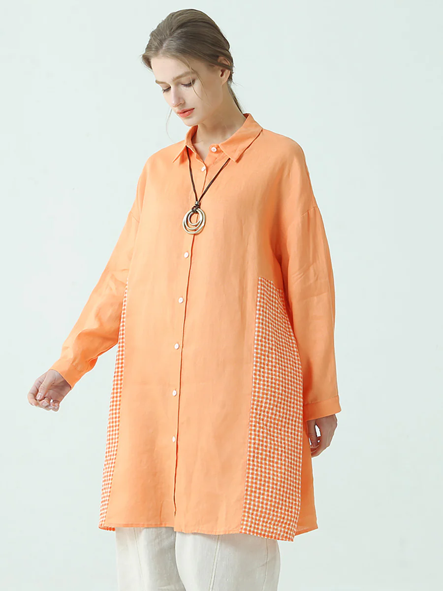 Plus Size WomenLinen Patchwork Plaid Long Sleeve Shirt - Image 6