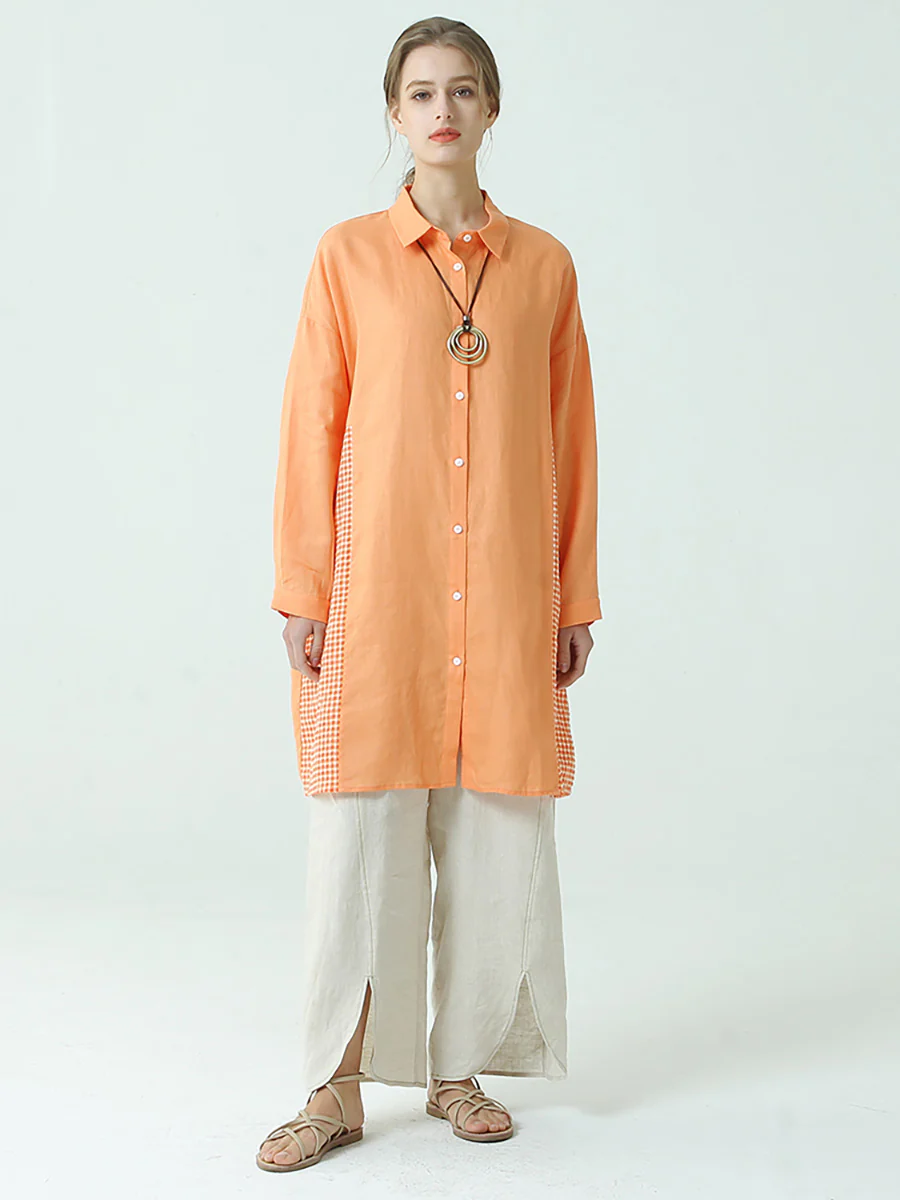 Plus Size WomenLinen Patchwork Plaid Long Sleeve Shirt - Image 7