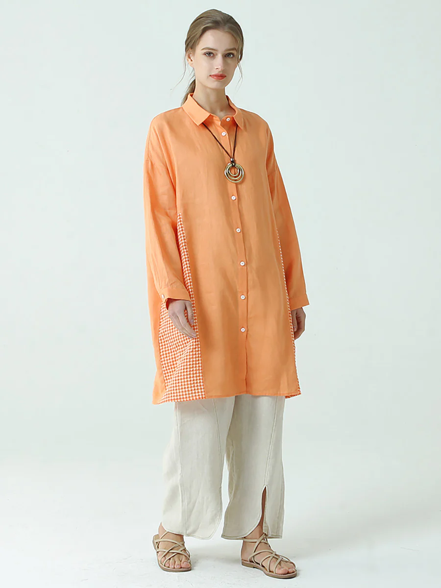Plus Size WomenLinen Patchwork Plaid Long Sleeve Shirt - Image 8