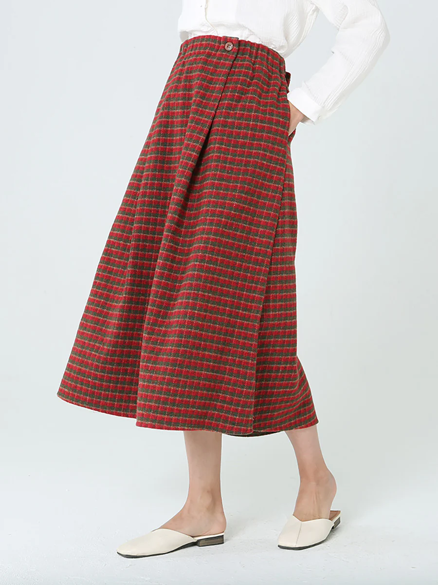 Plus Size Women Plaid Loose Spring Pocket Elastic Waist Skirt - Image 3