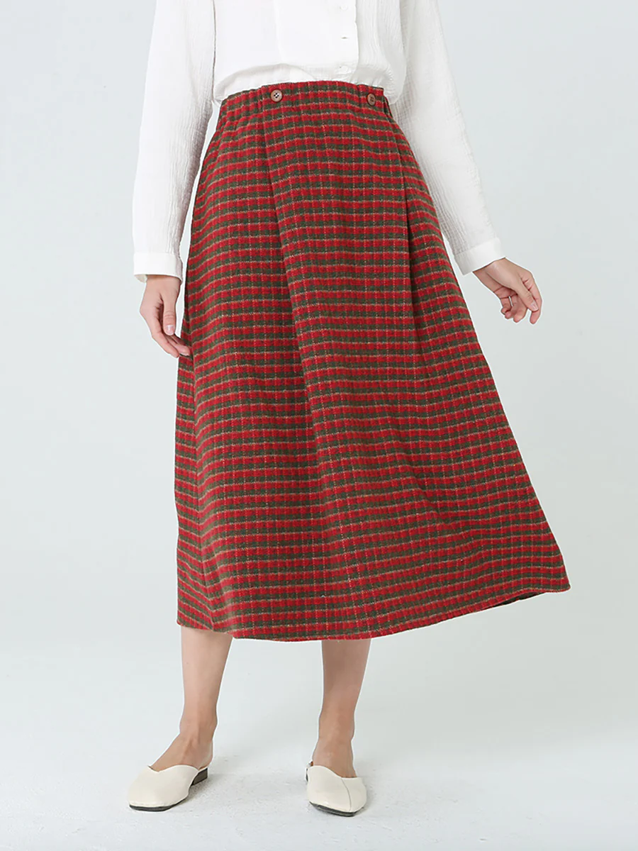 Plus Size Women Plaid Loose Spring Pocket Elastic Waist Skirt - Image 4