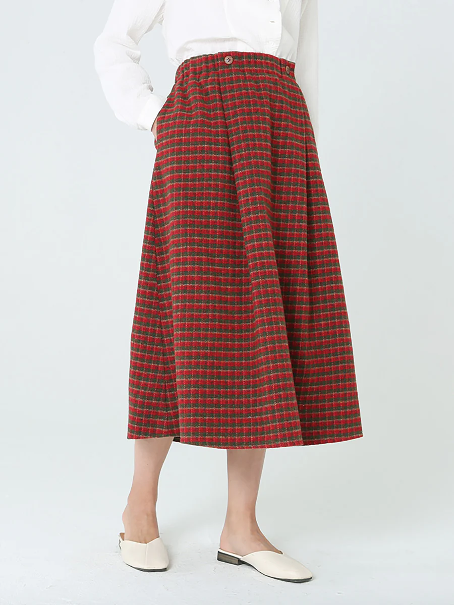 Plus Size Women Plaid Loose Spring Pocket Elastic Waist Skirt - Image 5