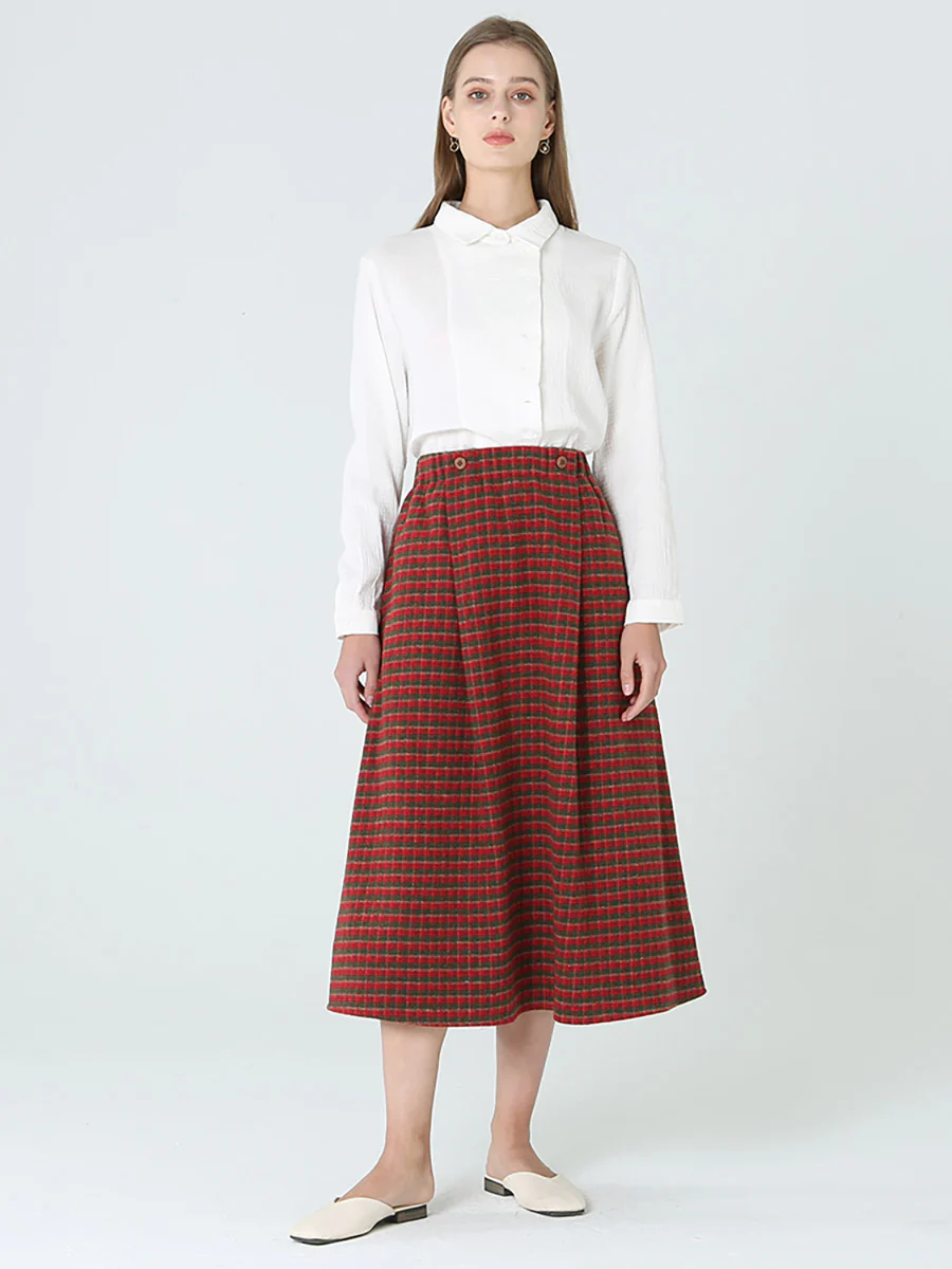 Plus Size Women Plaid Loose Spring Pocket Elastic Waist Skirt - Image 6