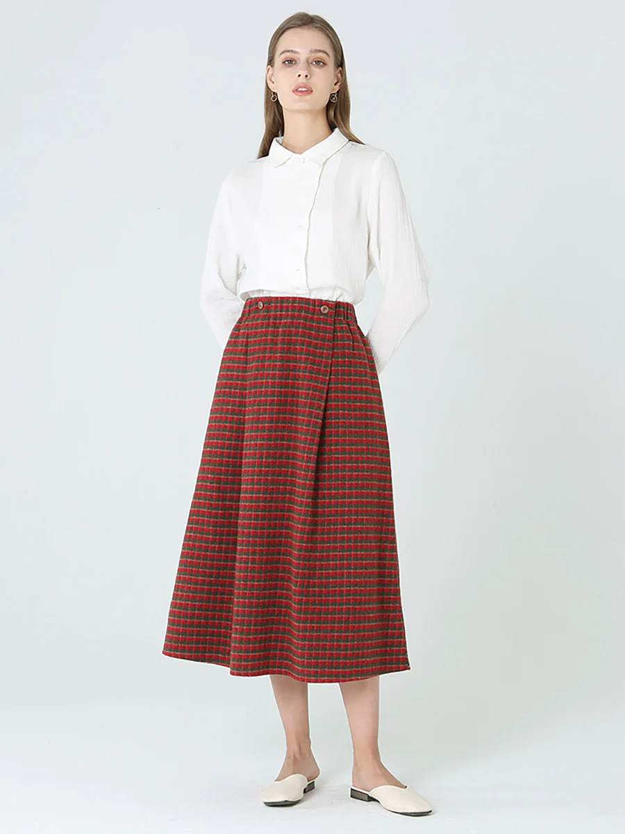 Plus Size Women Plaid Loose Spring Pocket Elastic Waist Skirt - Image 7