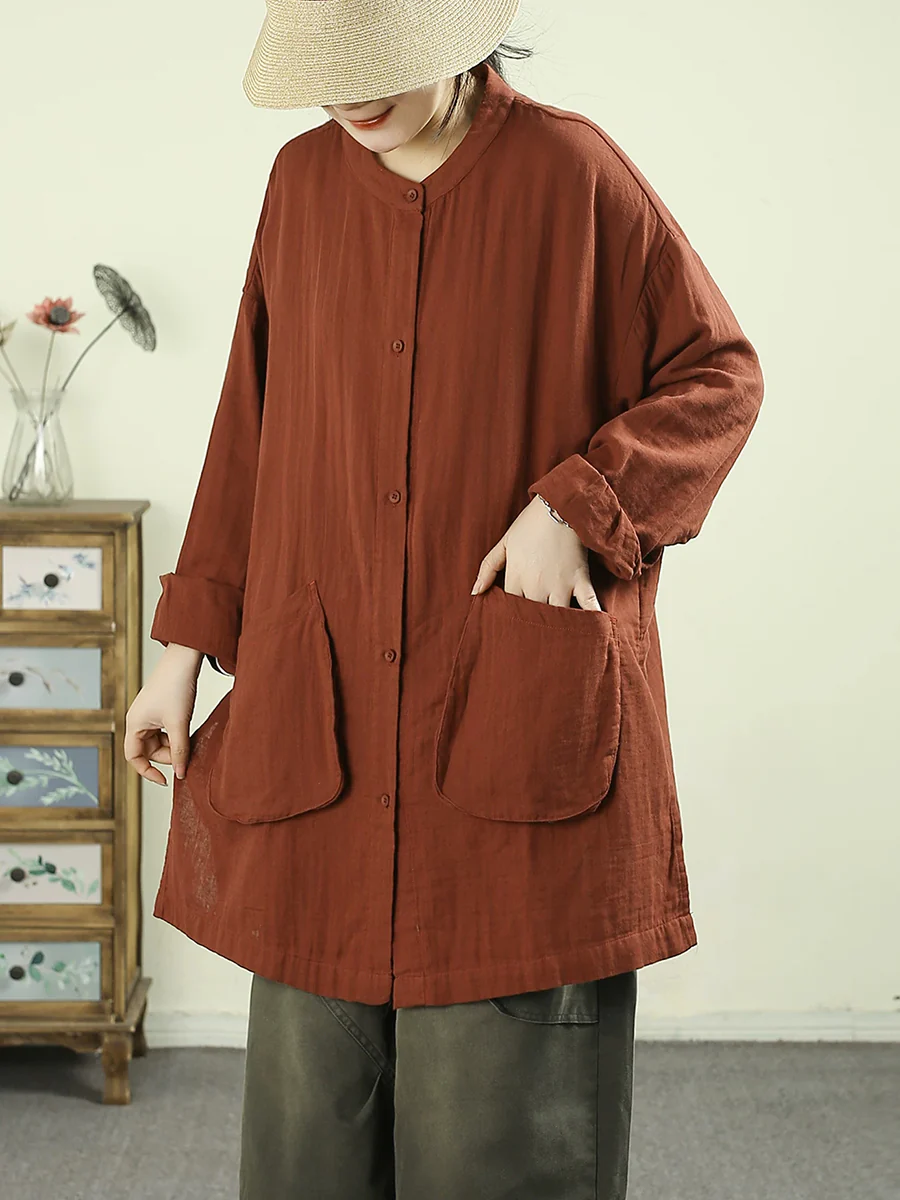 Women Spring Artsy Pure Color Cotton Long Shirt - Image 3
