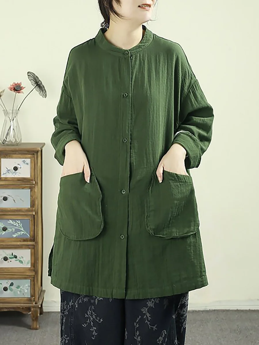 Women Spring Artsy Pure Color Cotton Long Shirt - Image 4