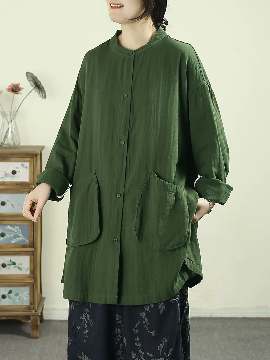 Women Spring Artsy Pure Color Cotton Long Shirt - Image 6