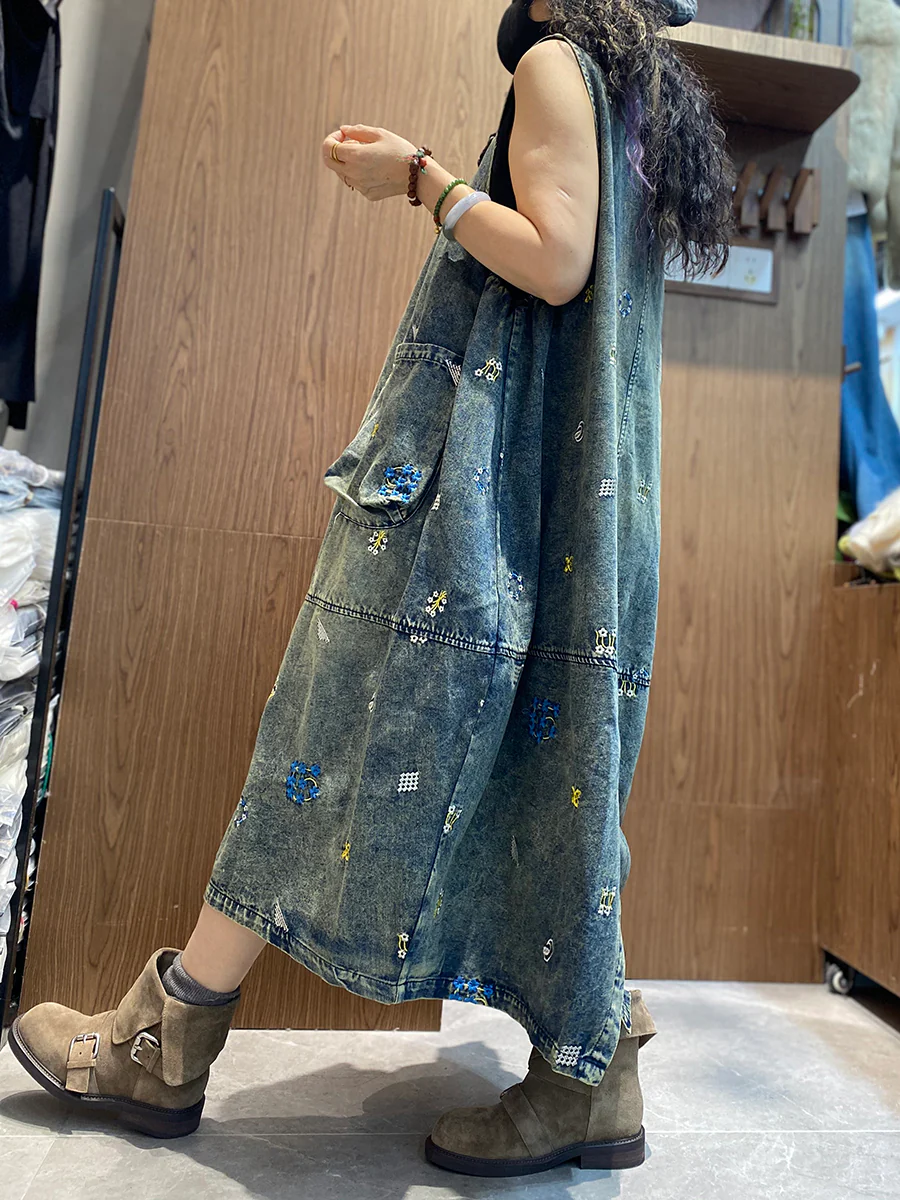 Women Spring Retro Floral Embroidery Denim Dress - Image 3