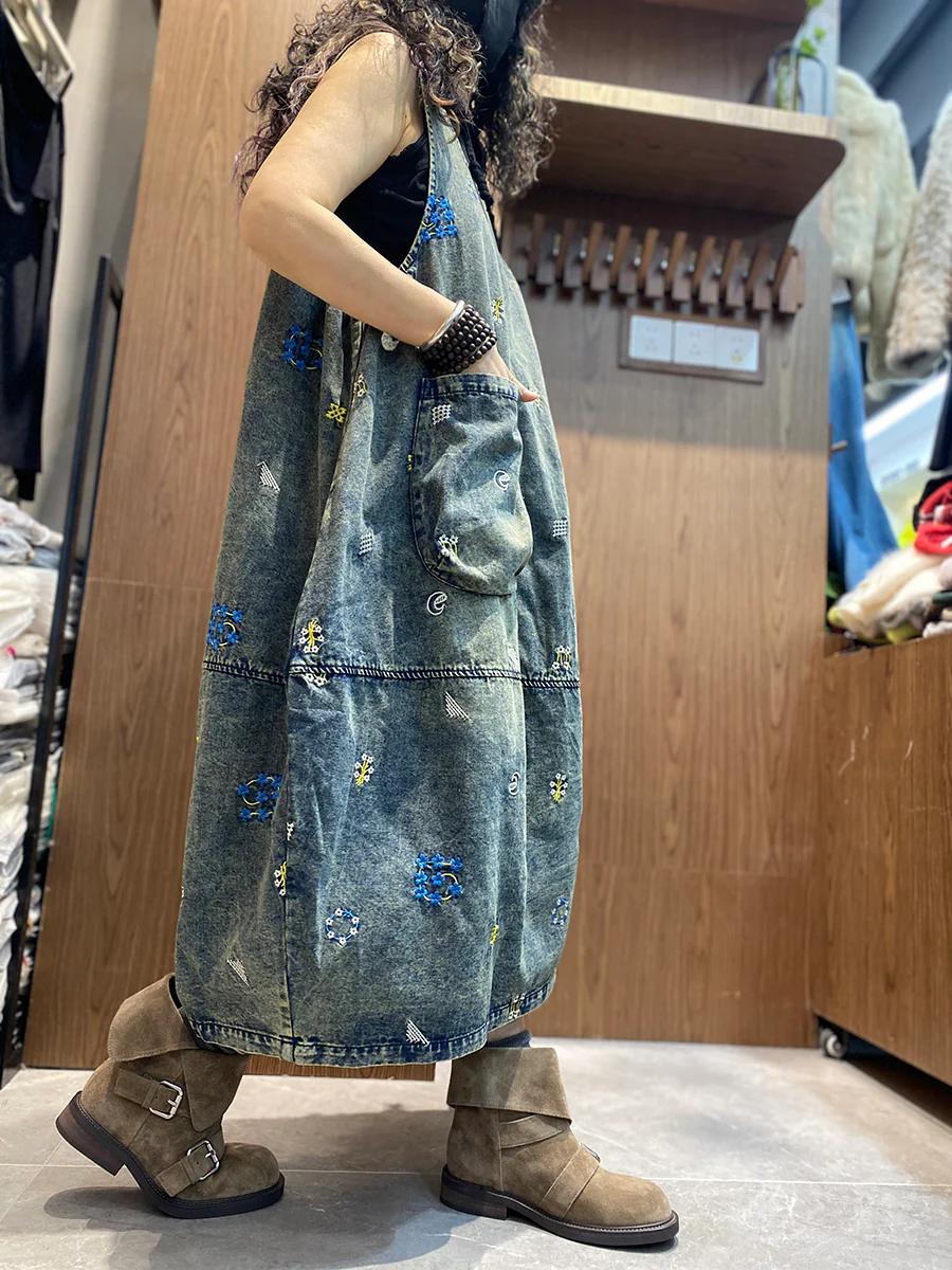 Women Spring Retro Floral Embroidery Denim Dress - Image 4