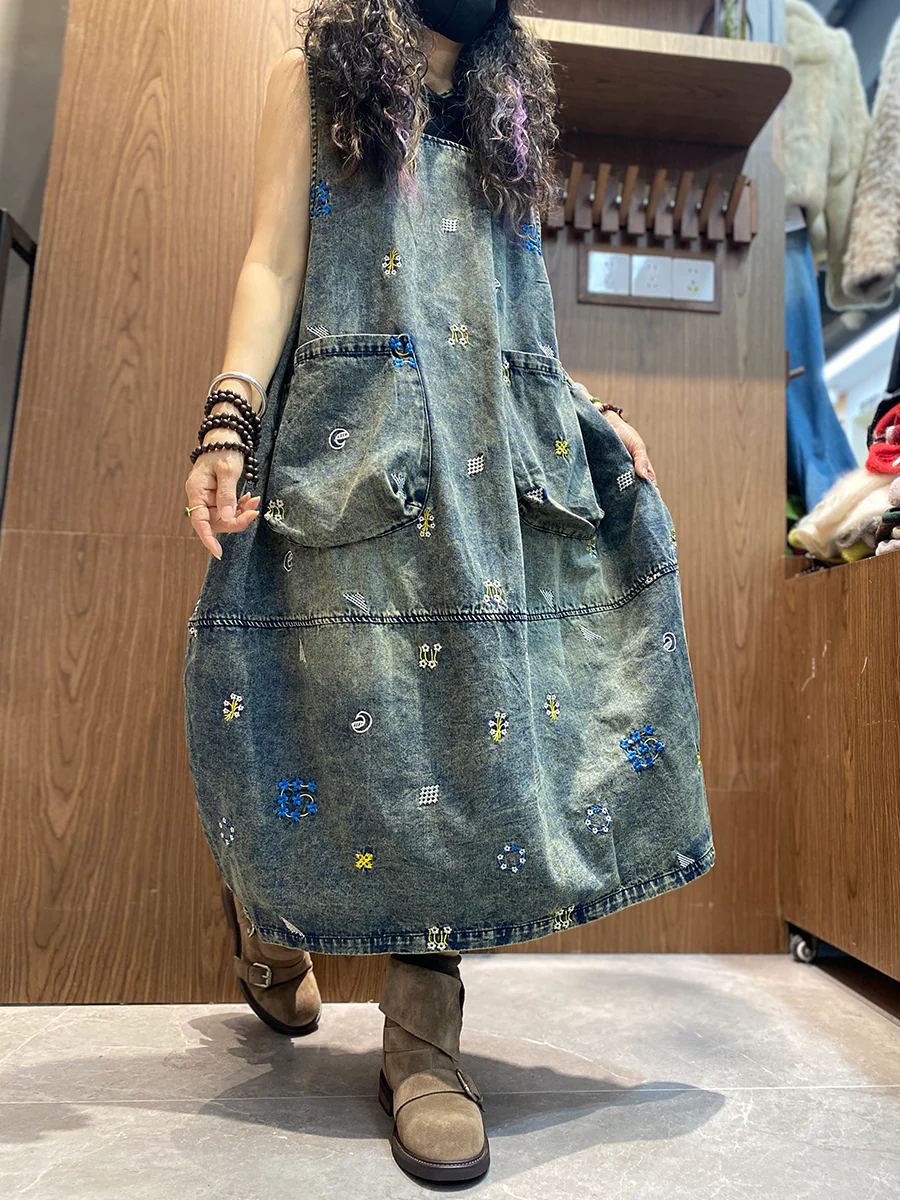 Women Spring Retro Floral Embroidery Denim Dress - Image 5