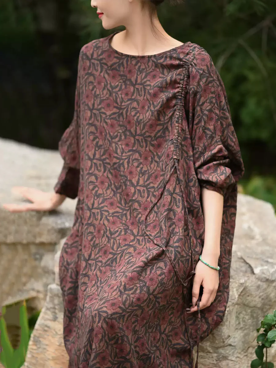 Plus Size Women Spring Retro Flower 100%Cotton O-Neck Loose Dress - Image 3