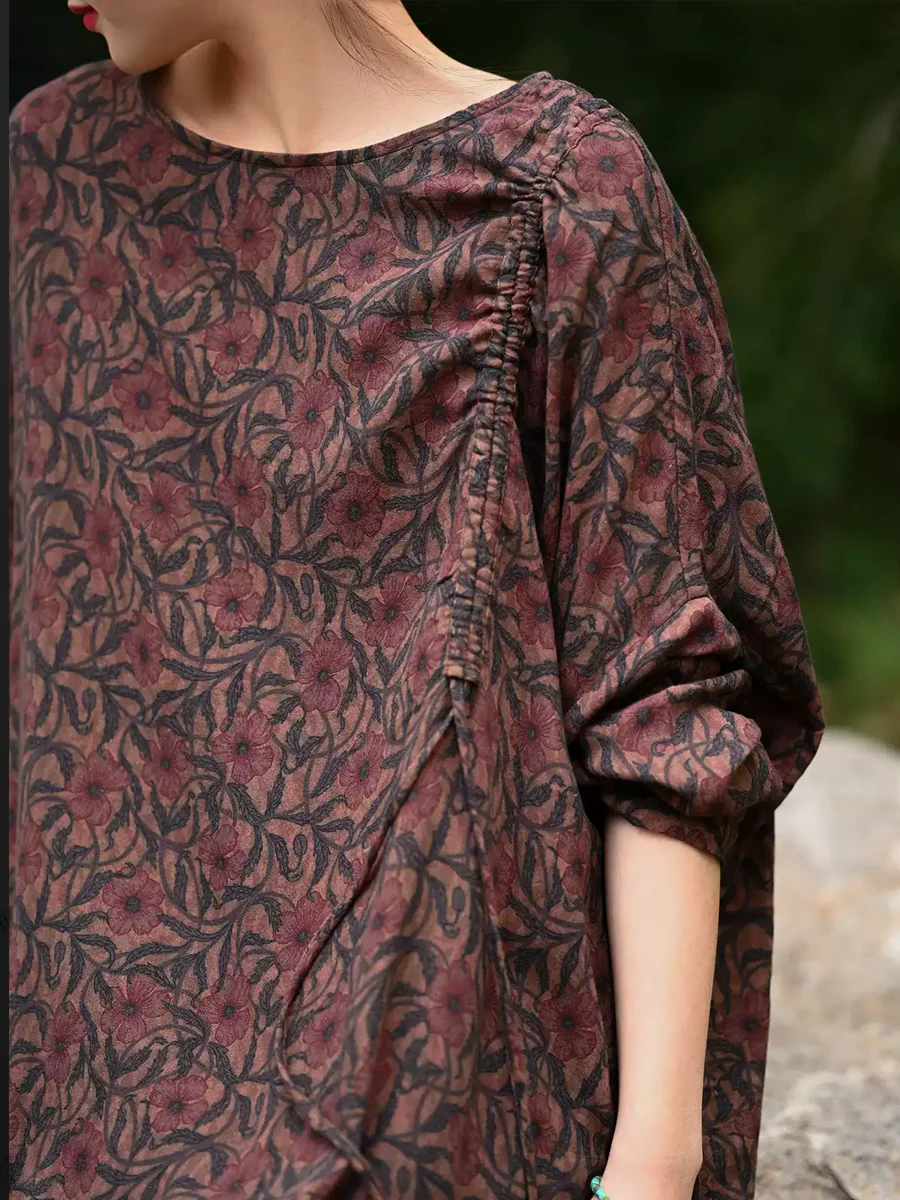 Plus Size Women Spring Retro Flower 100%Cotton O-Neck Loose Dress - Image 5