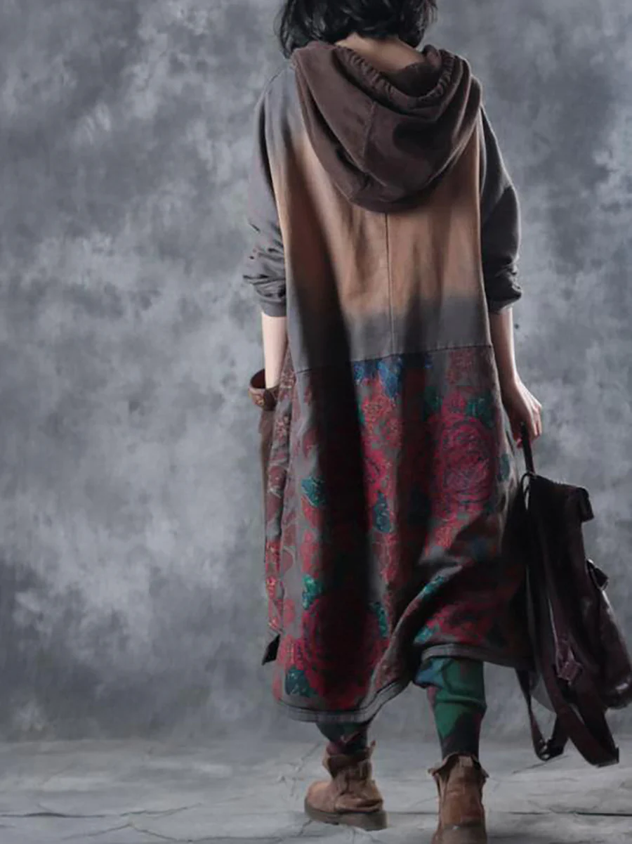 Women Spring Vintage Flower Spliced Hooded Dress - Image 10