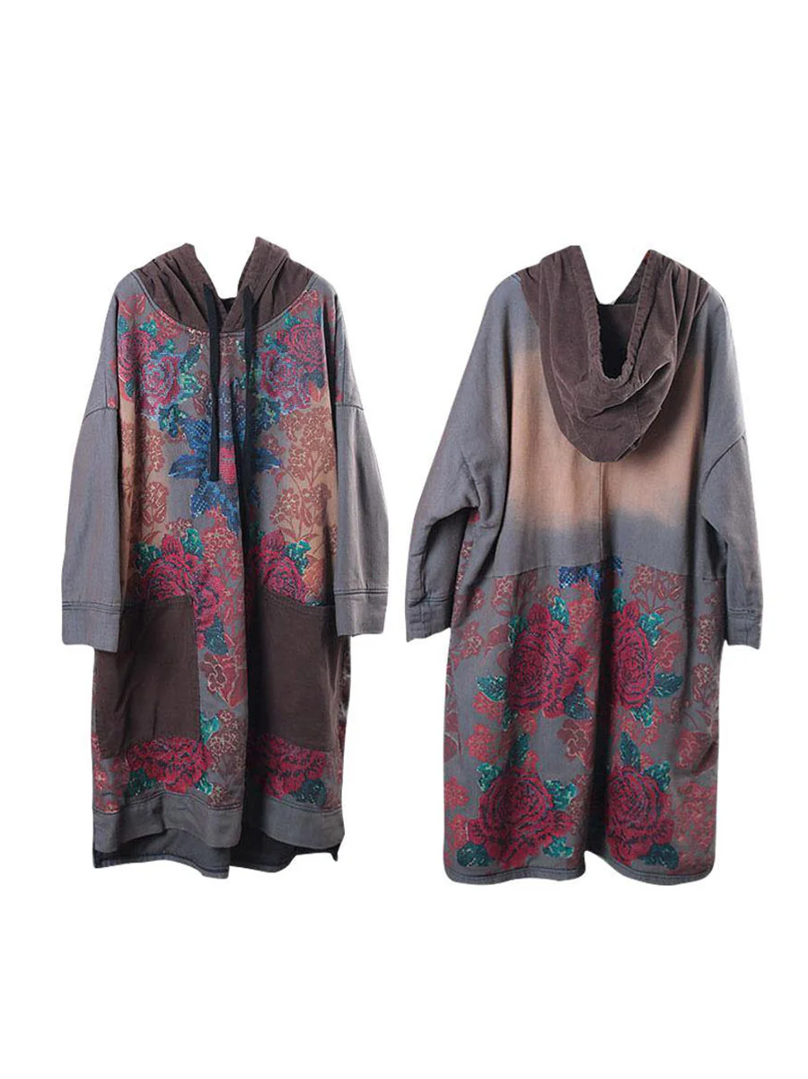 Women Spring Vintage Flower Spliced Hooded Dress - Image 11