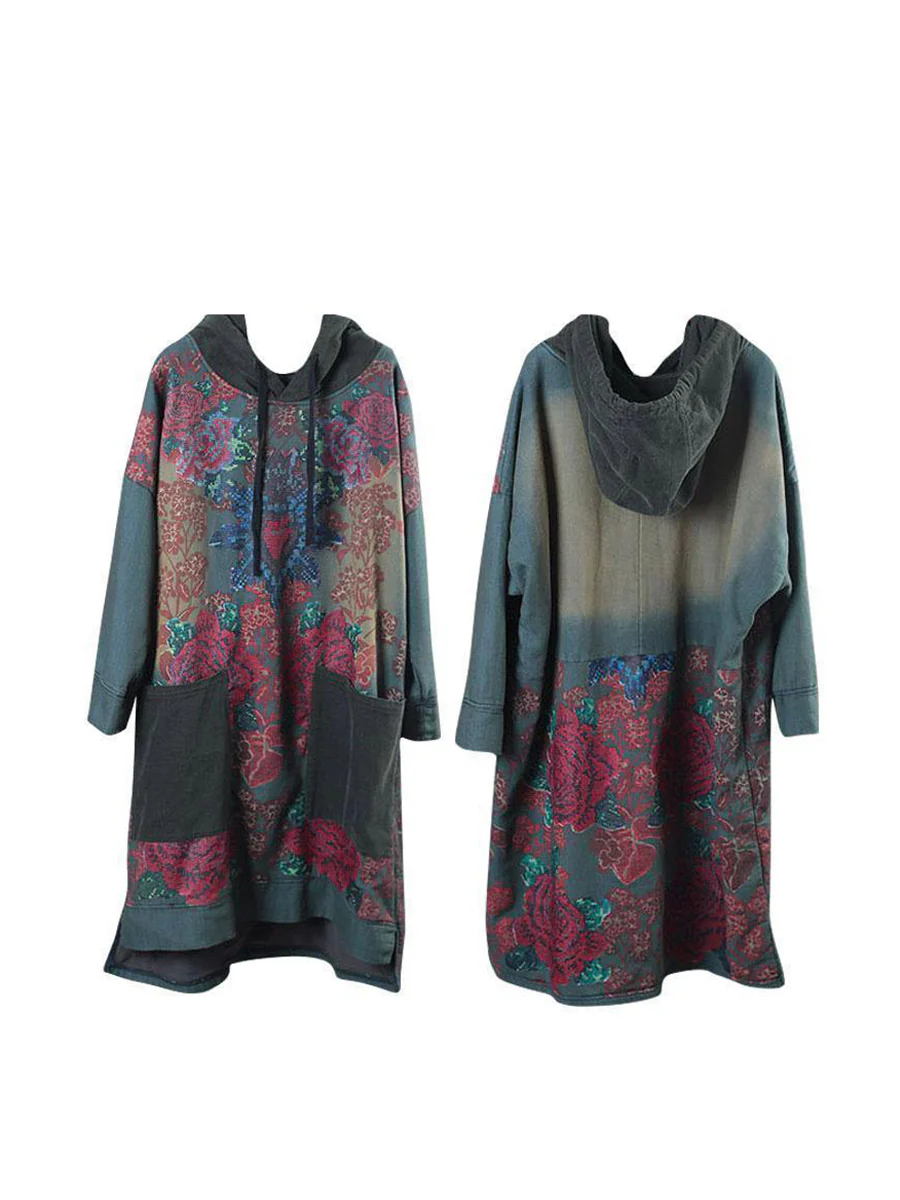 Women Spring Vintage Flower Spliced Hooded Dress - Image 12