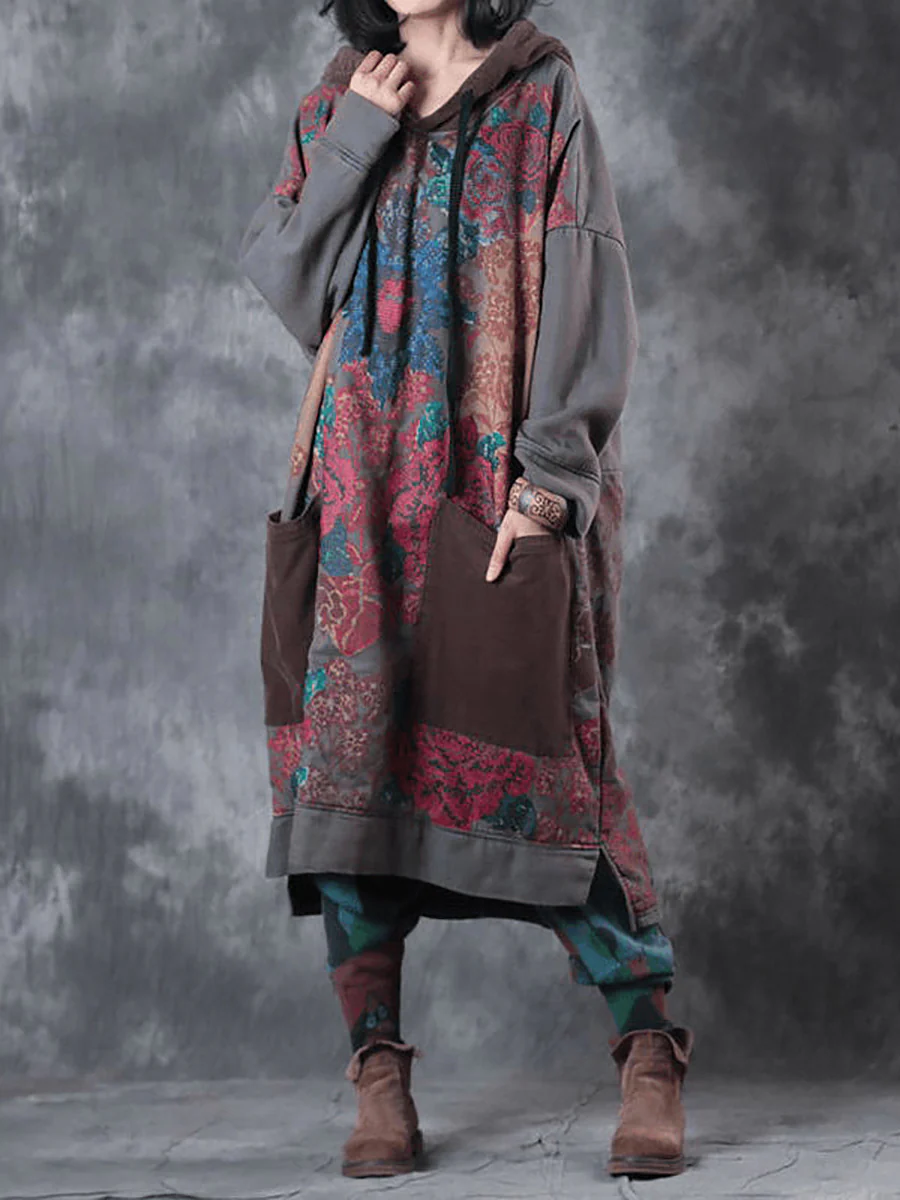 Women Spring Vintage Flower Spliced Hooded Dress - Image 3