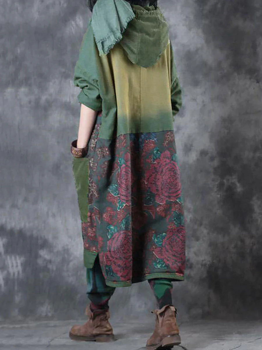 Women Spring Vintage Flower Spliced Hooded Dress - Image 4