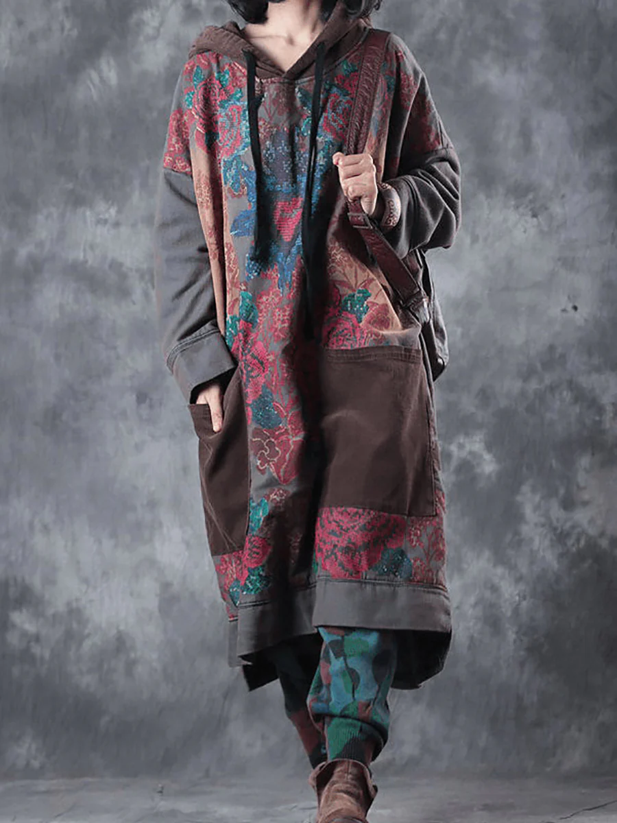Women Spring Vintage Flower Spliced Hooded Dress - Image 5