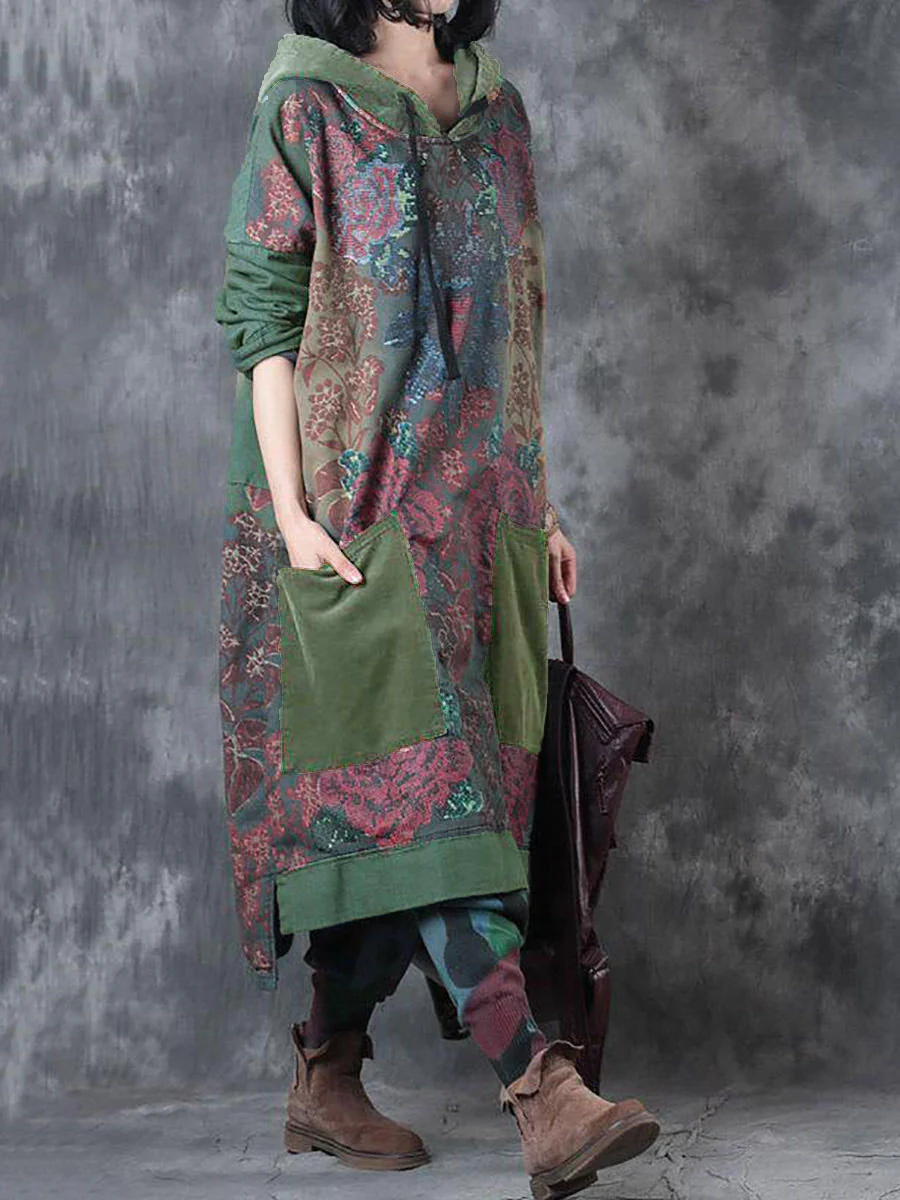 Women Spring Vintage Flower Spliced Hooded Dress - Image 6