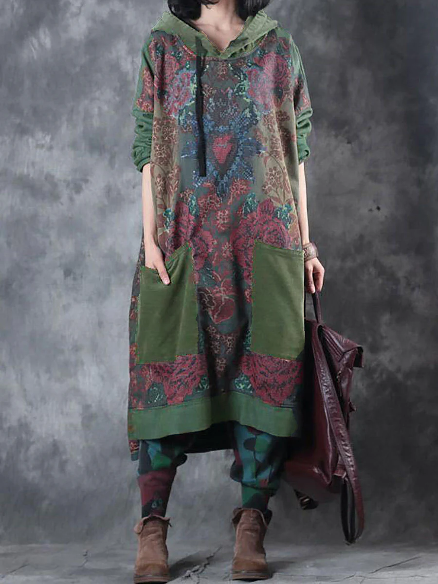 Women Spring Vintage Flower Spliced Hooded Dress - Image 7