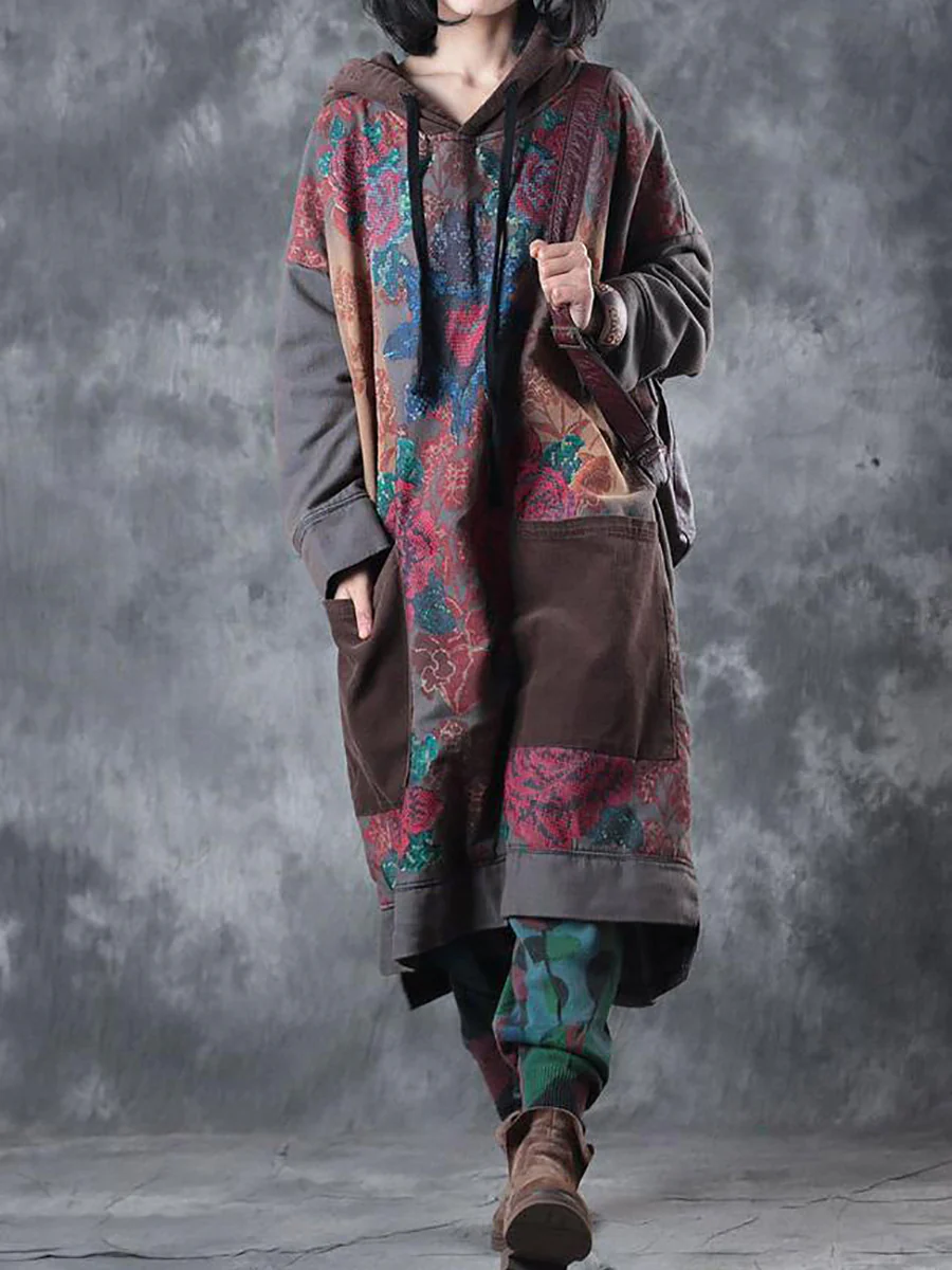 Women Spring Vintage Flower Spliced Hooded Dress - Image 8