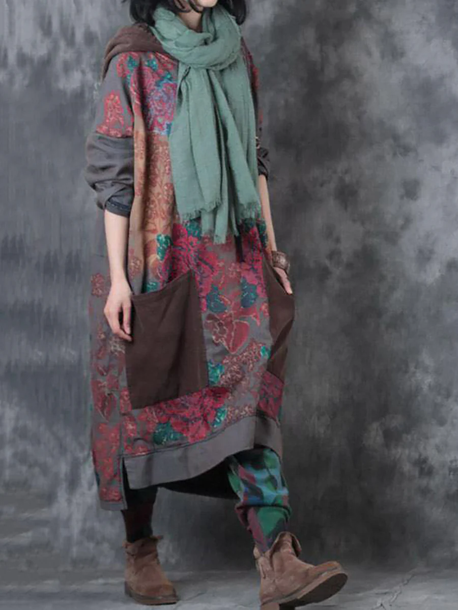 Women Spring Vintage Flower Spliced Hooded Dress - Image 9