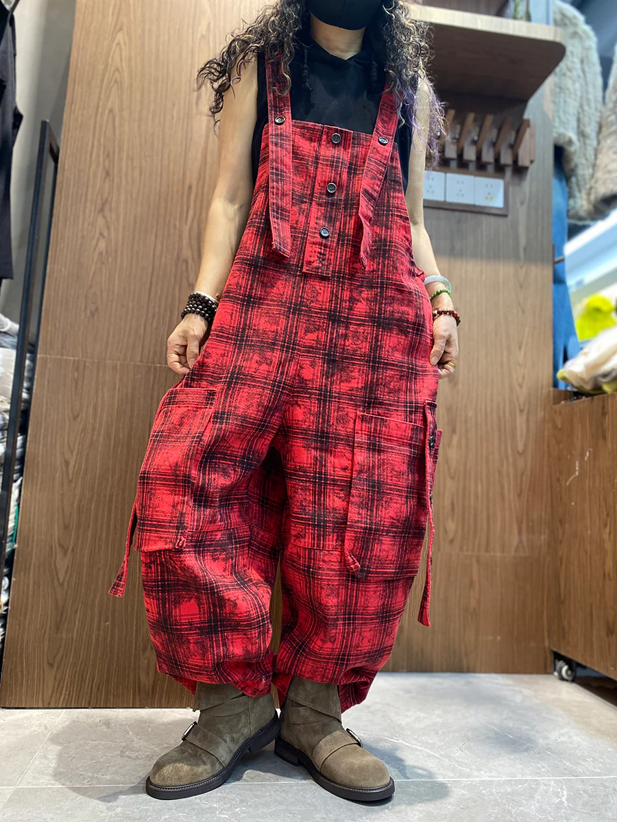 Women Spring Vintage Plaid Loose Jumpsuits - Image 3