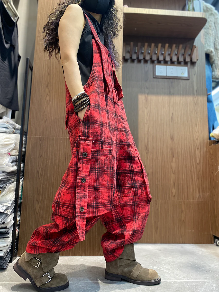 Women Spring Vintage Plaid Loose Jumpsuits - Image 4