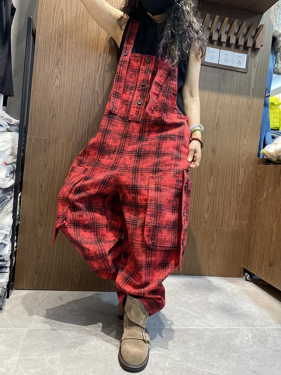 Women Spring Vintage Plaid Loose Jumpsuits - Image 5