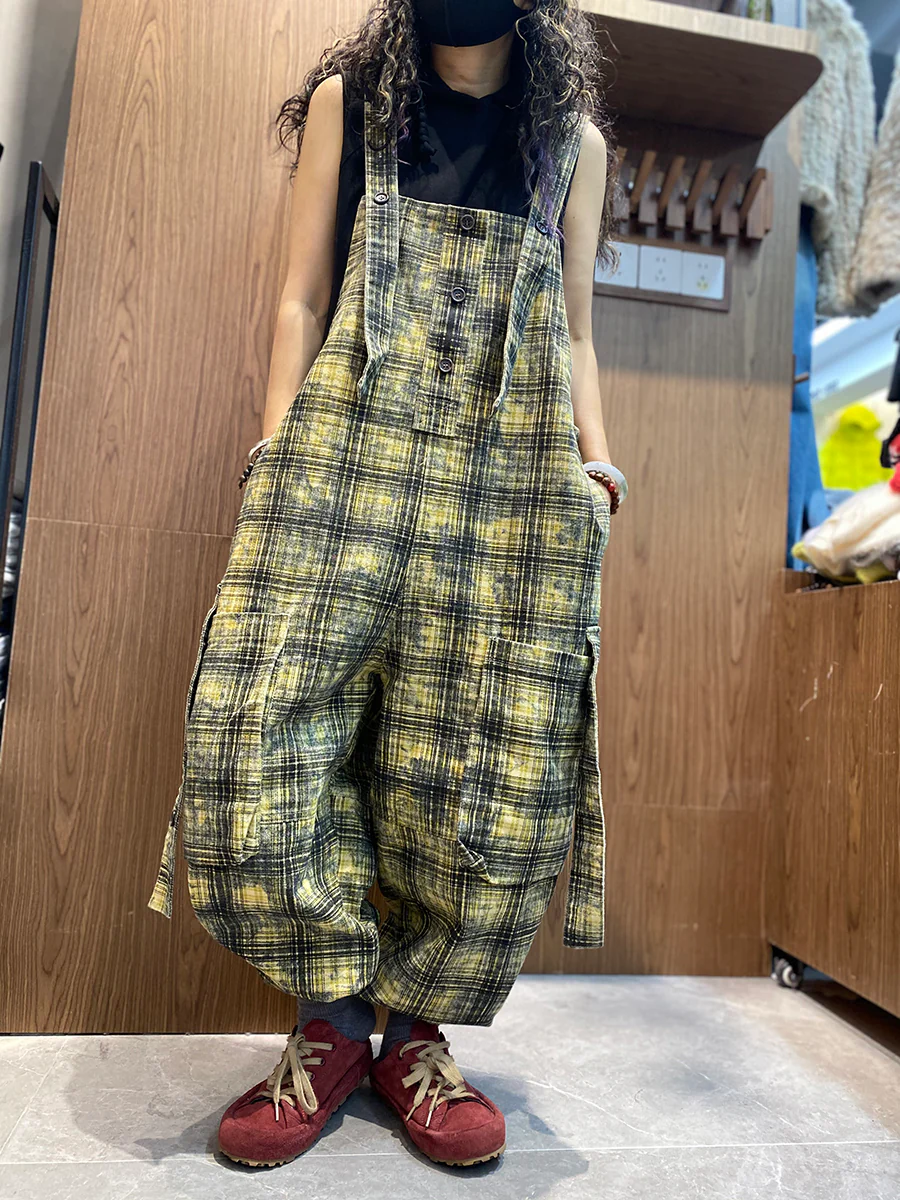 Women Spring Vintage Plaid Loose Jumpsuits - Image 7