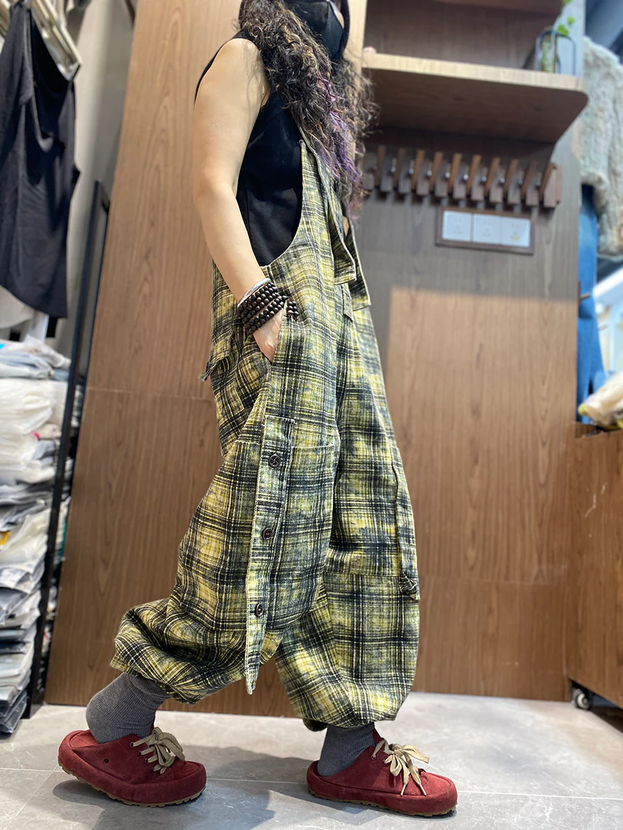 Women Spring Vintage Plaid Loose Jumpsuits - Image 8