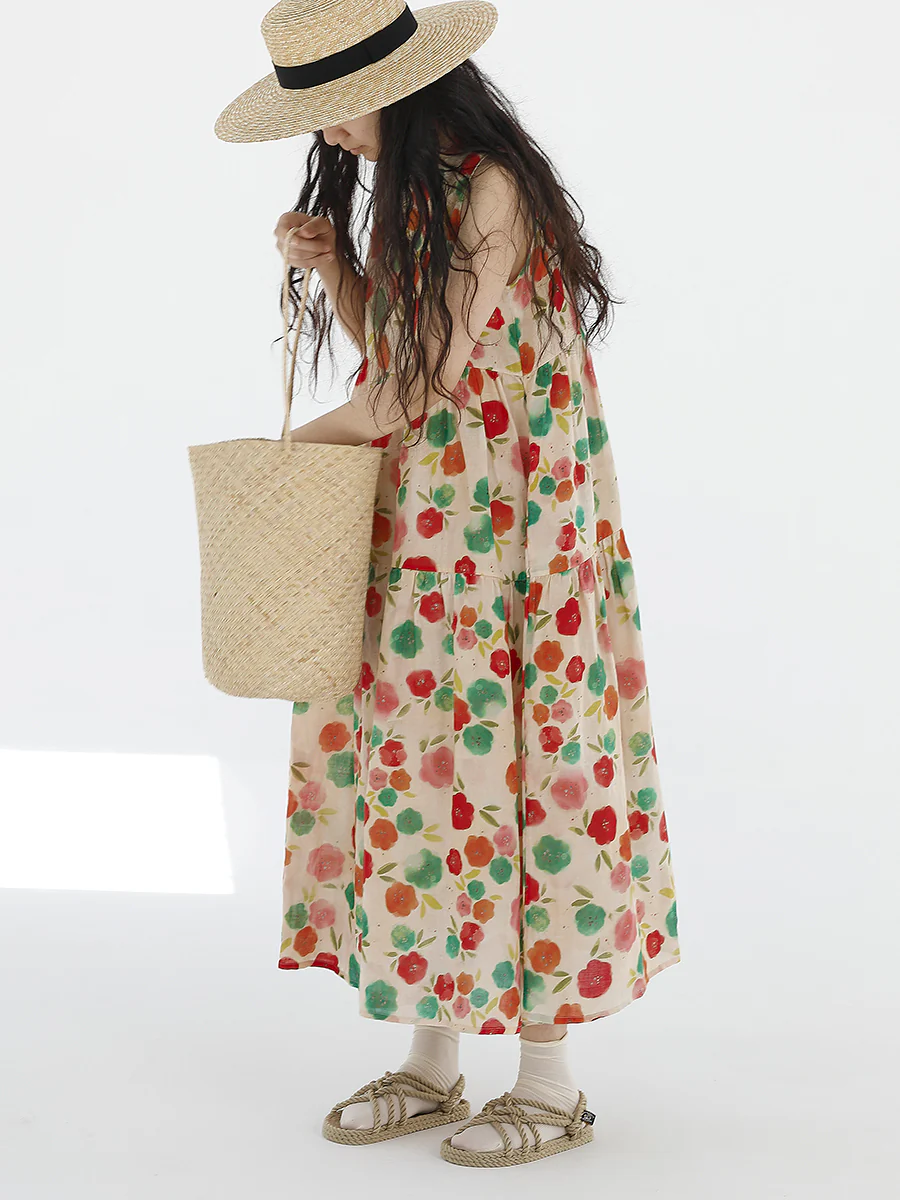 Plus Size Women Summer Cute Flower Spliced Pleat O-Neck Vest Dress - Image 3