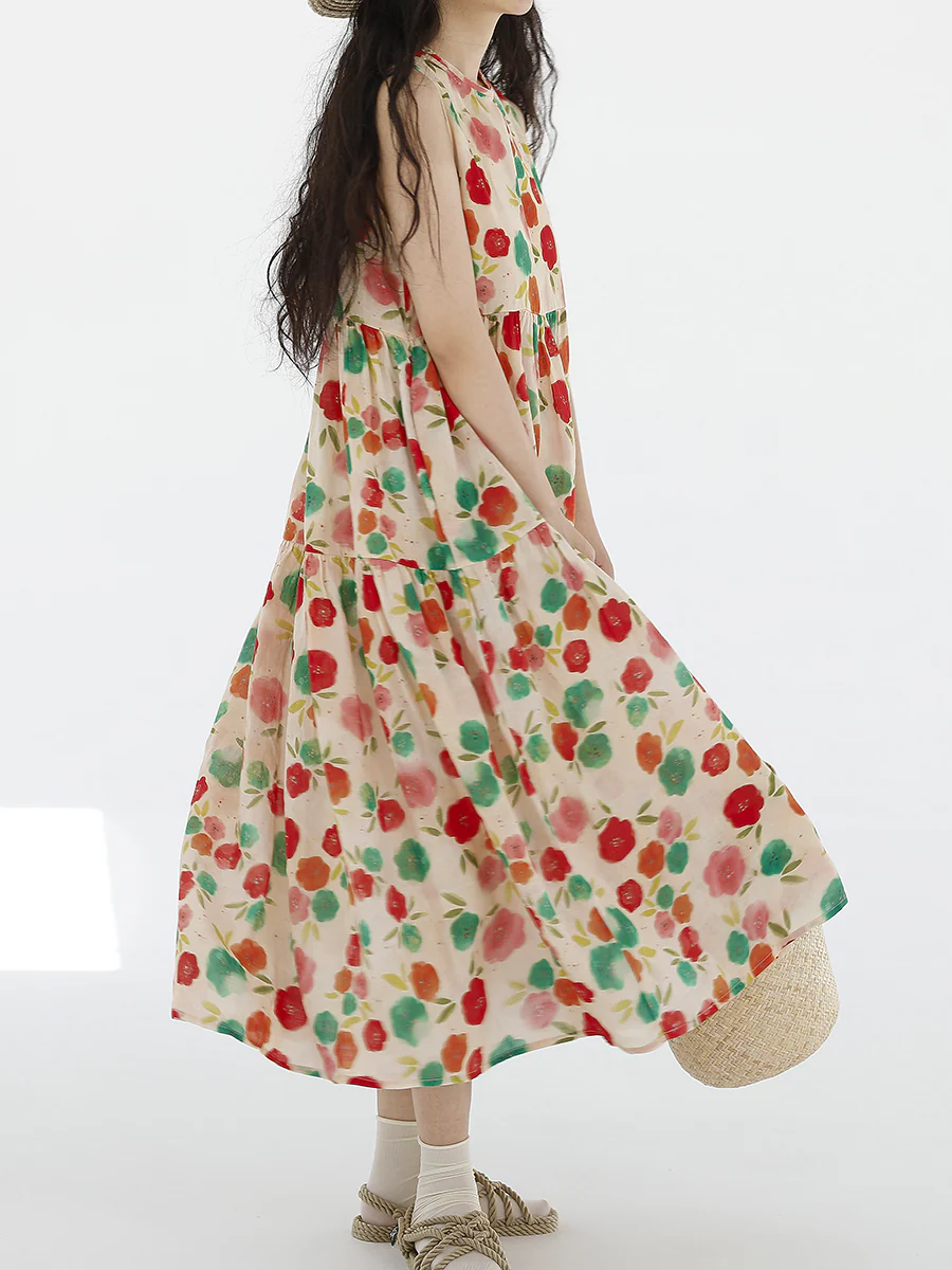 Plus Size Women Summer Cute Flower Spliced Pleat O-Neck Vest Dress - Image 4
