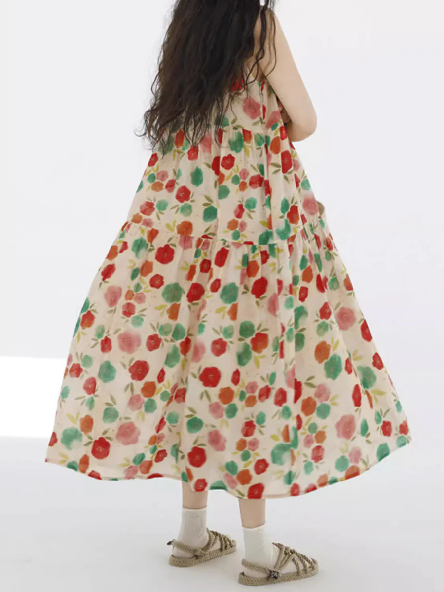 Plus Size Women Summer Cute Flower Spliced Pleat O-Neck Vest Dress - Image 5