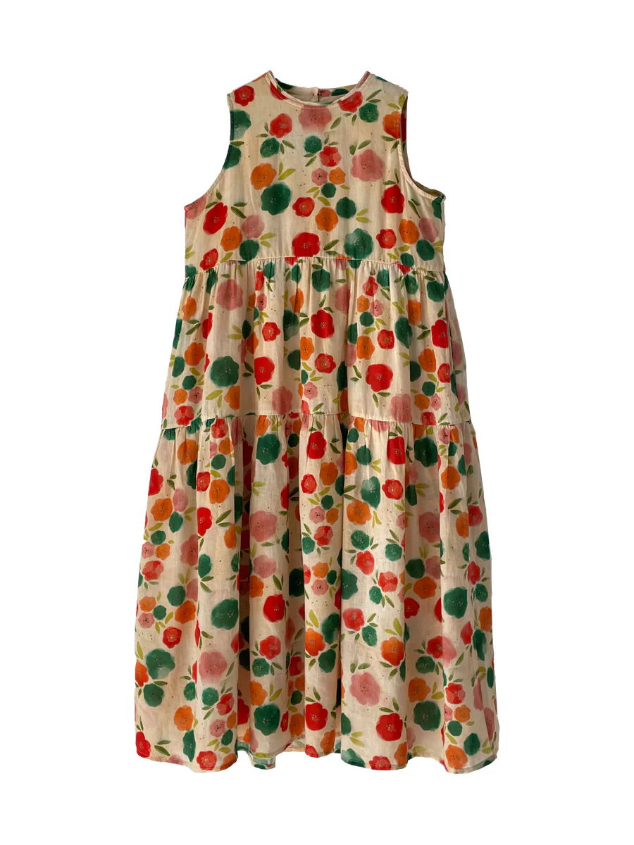 Plus Size Women Summer Cute Flower Spliced Pleat O-Neck Vest Dress - Image 7
